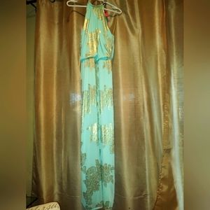 Seafoam green and gold cocktail dress